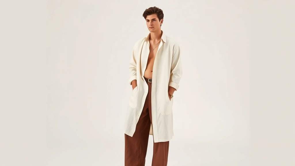 Professional male model wearing oversized cream linen shirt and wide-leg trousers in rich chocolate brown, styled with minimalist jewelry and modern loafers, natural studio lighting, neutral background, showcasing relaxed luxury aesthetic