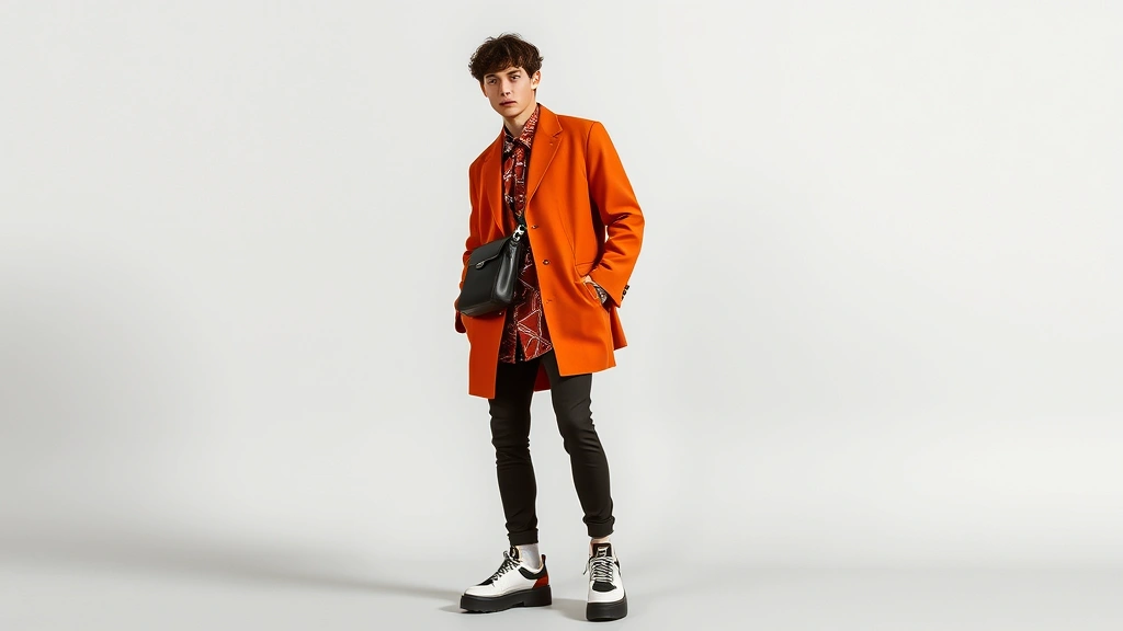 Male model in bold terracotta oversized blazer with geometric patterned shirt, statement leather crossbody bag, chunky platform sneakers, confident pose against minimalist backdrop, contemporary fashion editorial style