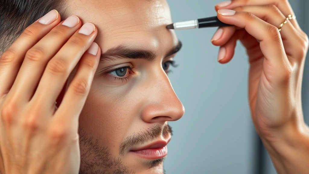 Male makeup artist demonstrating primer application with fingertips on a man's forehead, professional lighting, showing blending technique with focus on product texture