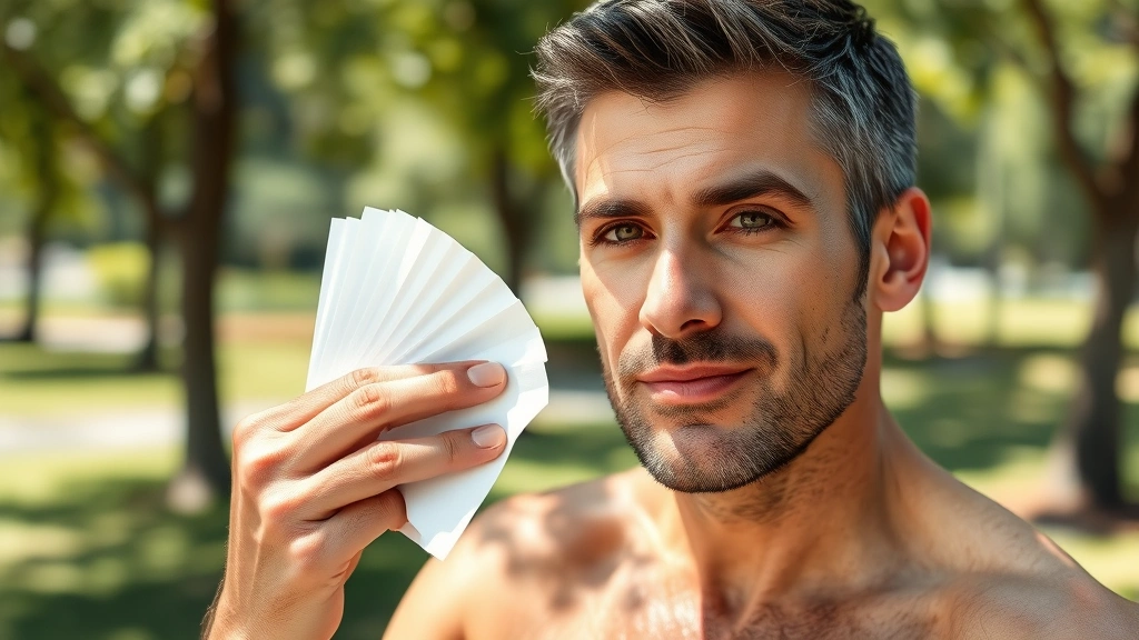 Man using oil-blotting papers mid-day outdoors in summer, sunny park background, showing practical sweat and shine management with makeup intact, natural confident expression