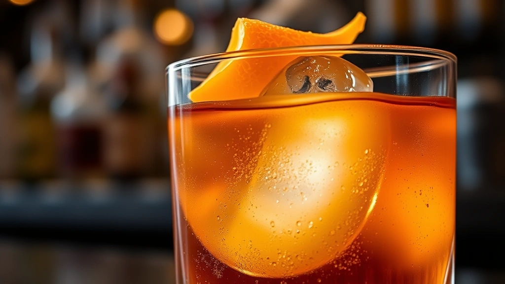 Close-up of finished mezcal old fashioned cocktail showing amber liquid, large ice sphere, orange peel garnish, and bitters droplets, professional bar setting with soft lighting