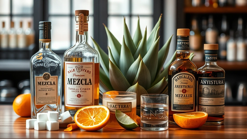 Arrangement of premium mezcal bottles with agave plants, sugar cubes, orange peels, and Angostura bitters bottles on wooden bar surface, artisanal aesthetic