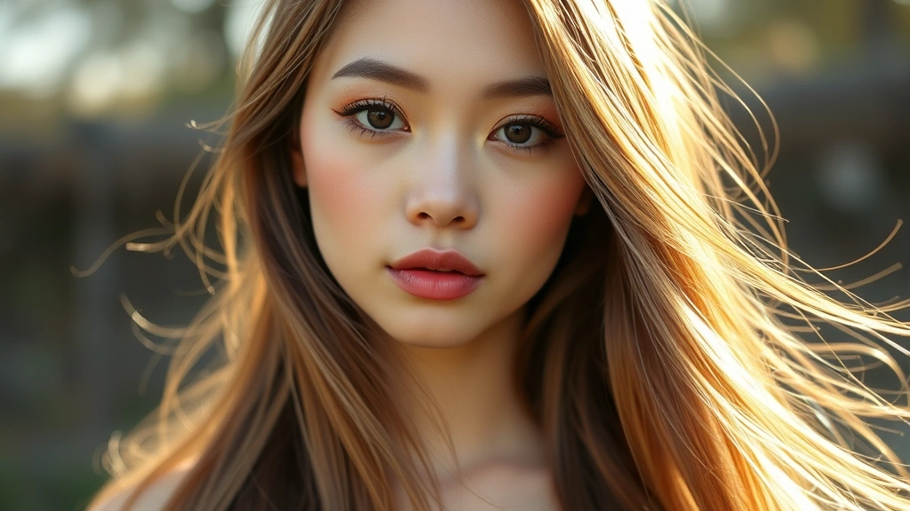 Full face beauty shot showing complete mori kei makeup look with nude lip, soft cheek color, and dewy skin texture, person with long flowing hair in natural setting, warm natural daylight