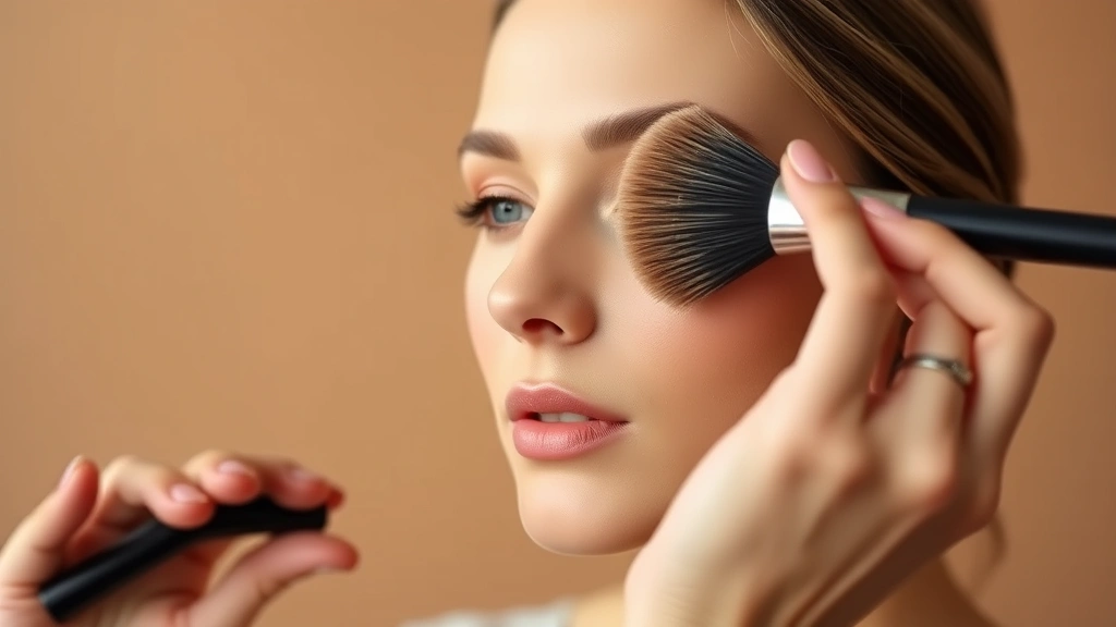 Makeup artist's hands applying warm peach blush to cheekbones with large fluffy brush, showing professional blending technique against warm-toned foundation, diffused studio lighting highlighting product texture