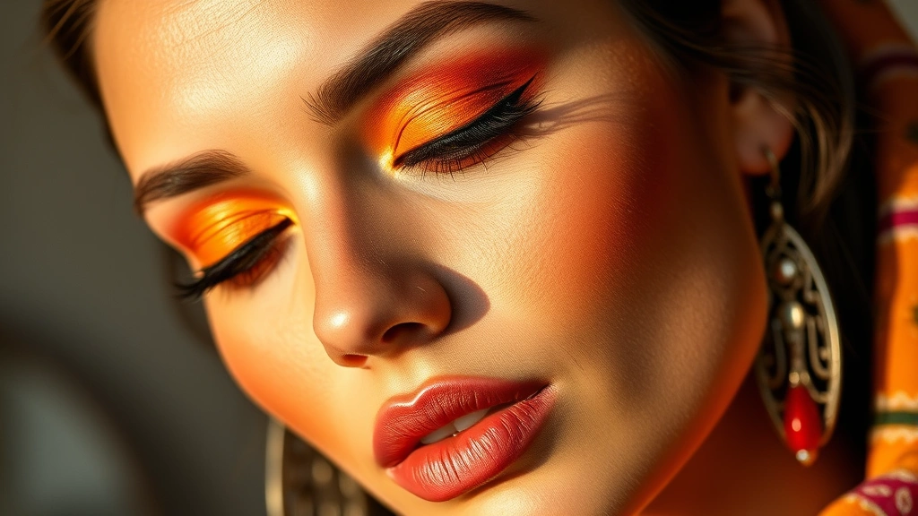 Finished Oaxacan-inspired makeup look featuring warm burnt orange eyeshadow, terracotta lip color, and warm bronzed skin, close-up of face showing complete look with natural lighting emphasizing warm glow