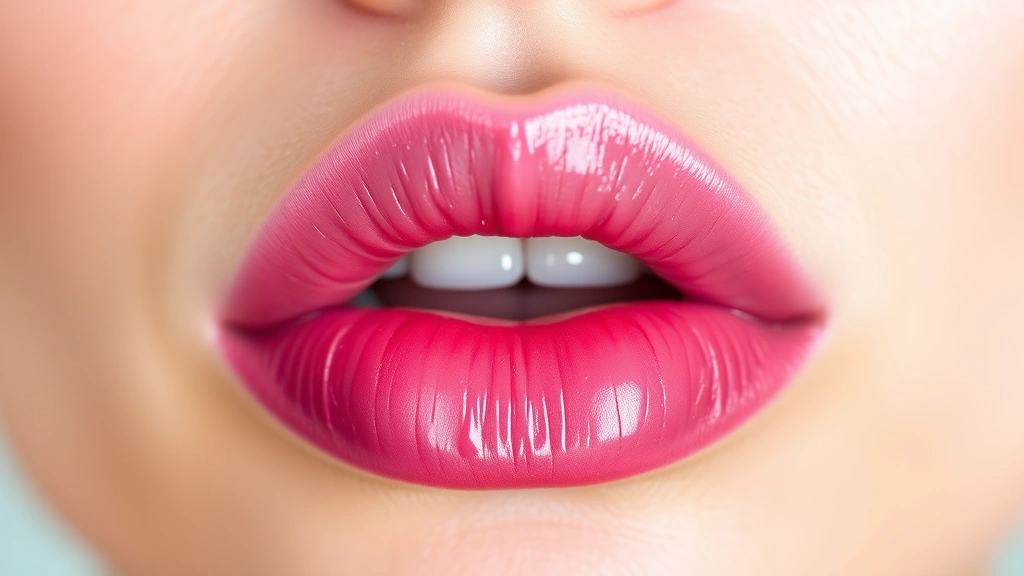 Detailed shot of gradient ombre lips transitioning from light pink in the center to deeper berry shade at edges, with a clear glossy finish catching light beautifully