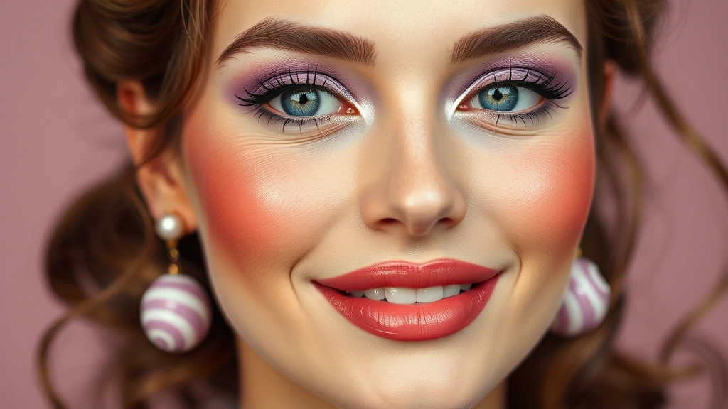 Woman's full face displaying candy-inspired makeup with lavender eyeshadow, rosy cheeks with subtle shimmer, and warm peachy-coral blush, showcasing complete old fashion candy look