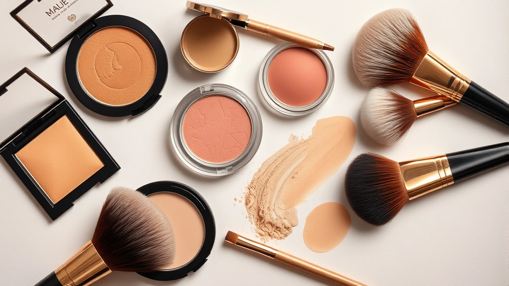 Overhead flat lay of warm-toned makeup products including bronze, peach blush, gold highlighter, and fluffy brushes arranged artfully on a neutral background