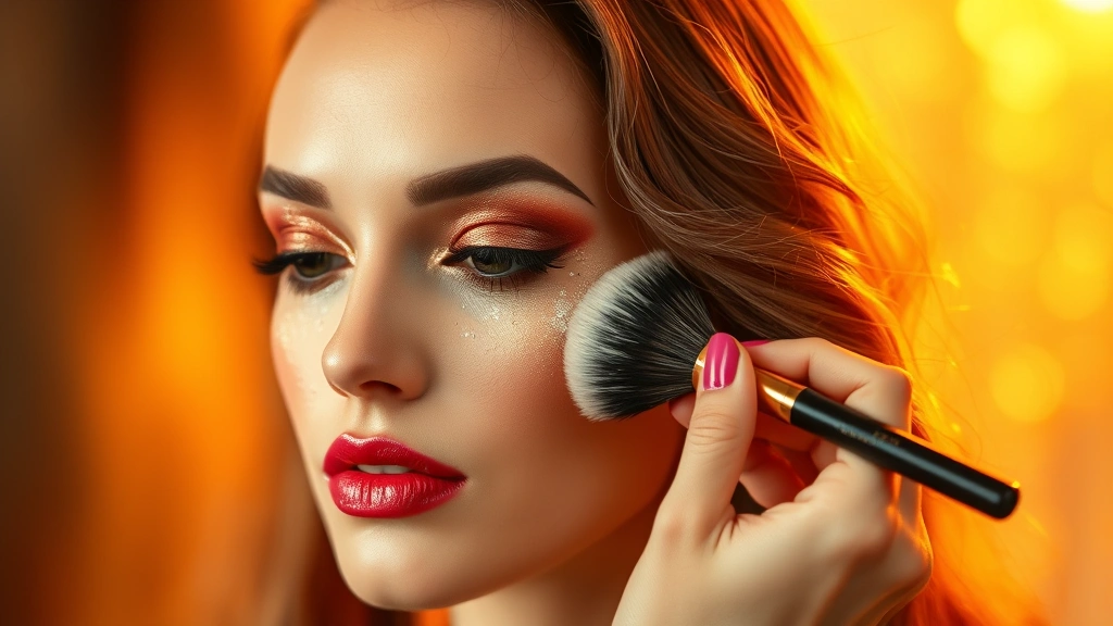Professional makeup artist applying shimmery bronze and gold eyeshadow to a model's eyelids using a fluffy blending brush, warm 1970s disco-inspired colors with soft focus background