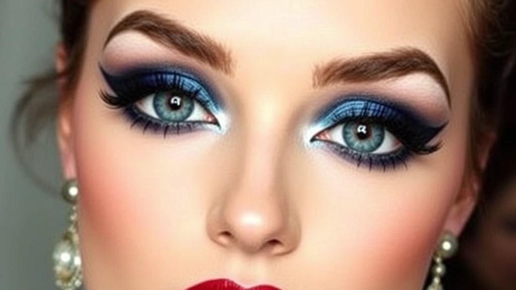 Vintage-inspired makeup look featuring bold blue eyeshadow, thick black eyeliner on upper and lower lids, full mascara-laden lashes, and statement burgundy lips against flawless matte complexion
