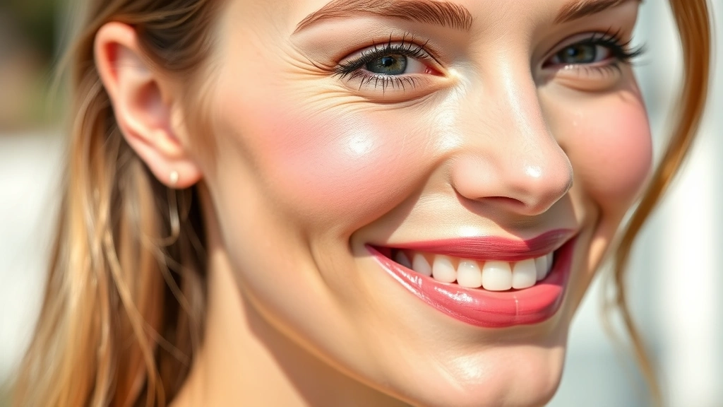 Fair-skinned woman with soft pink blush applied to cheekbones, smiling naturally in bright daylight, professional makeup artistry, close-up of flushed cheek