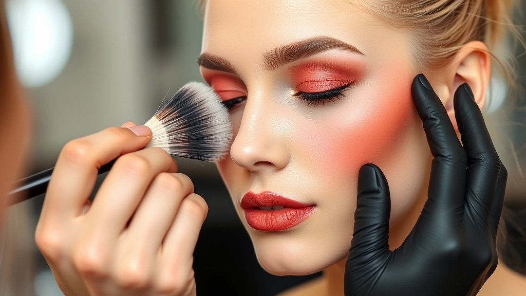 Professional makeup artist blending warm coral blush on pale skin model using fluffy brush, demonstrating seamless application technique and color payoff