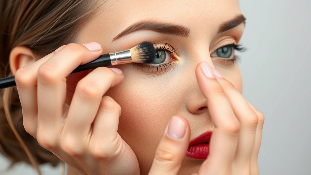 Makeup artist's hands applying concealer to under-eye area with precision brush, blending seamlessly into bare skin, professional beauty application technique demonstrated