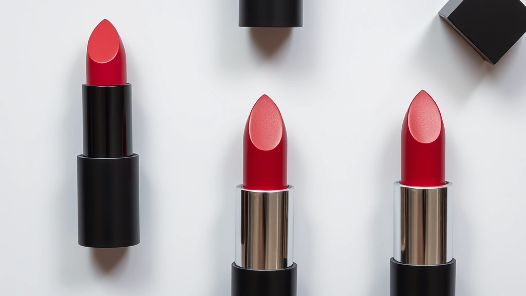 Overhead flat lay composition showing three lipstick finishes side by side: matte, satin, and glossy, demonstrating the visual differences in light reflection and surface texture without any product packaging visible