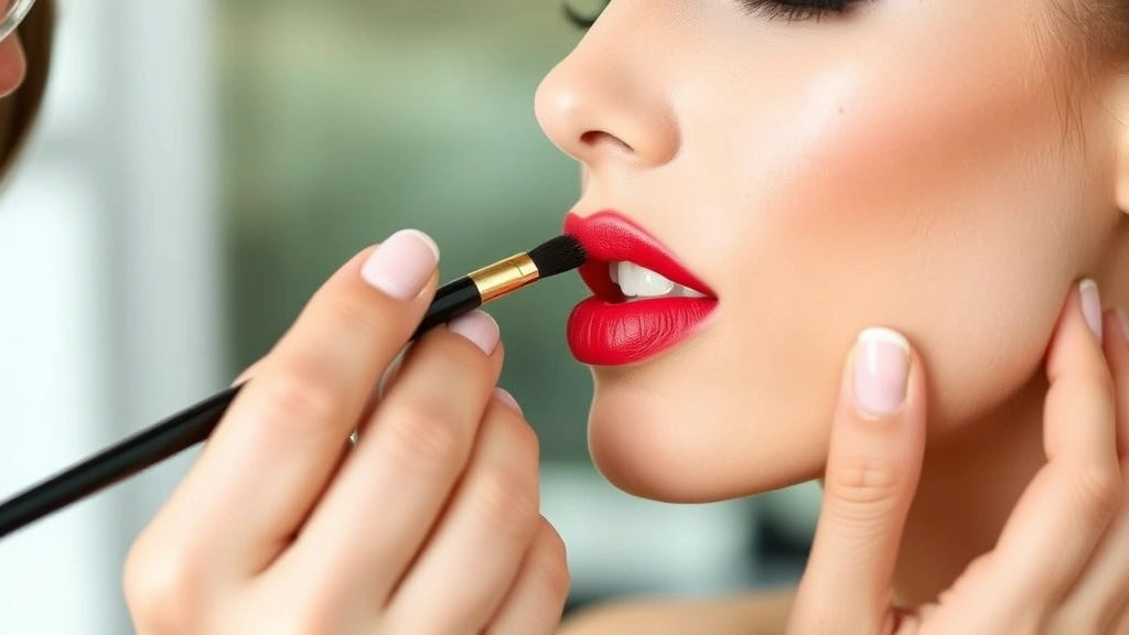Professional makeup artist applying matte lipstick with a precision brush to a model's lips, showing the careful technique with lip liner guide and perfect edge definition, natural skin tones visible around the lip area