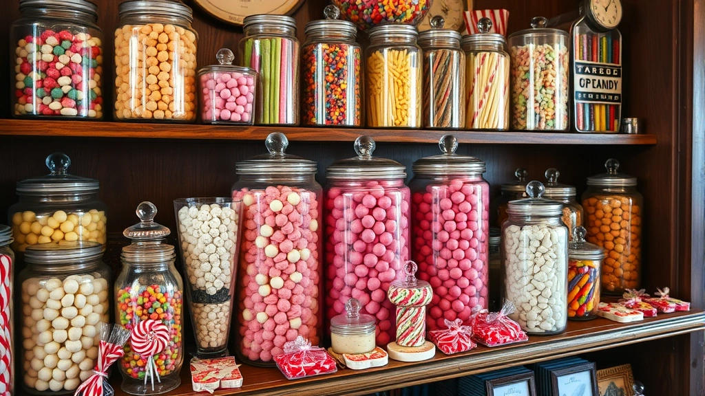 Vintage candy shop interior displaying glass jars filled with assorted old fashioned hard candies, lollipops, and wrapped sweets on wooden shelves