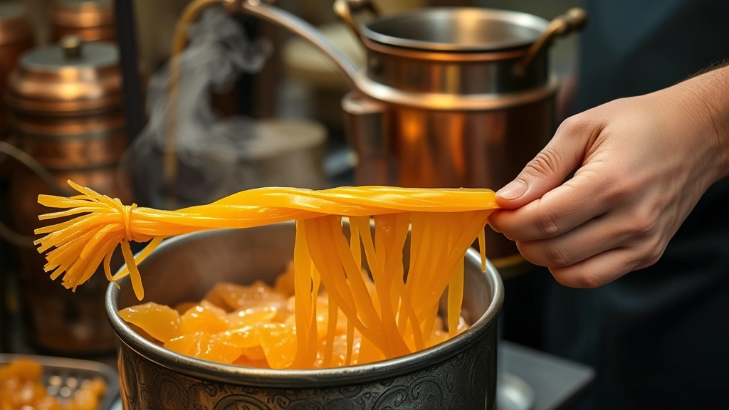 Candy maker's hands pulling warm golden taffy, demonstrating traditional candy-making technique with copper cooking equipment visible in background
