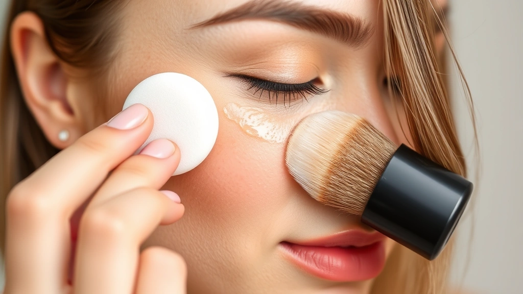 Beauty sponge dampened and applying liquid foundation to cheekbone with pressing motion, showing proper application technique for oily skin makeup
