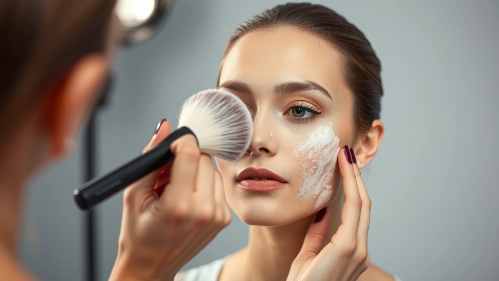Makeup artist using fluffy brush to apply translucent setting powder to face with light hand, focusing on T-zone area, professional studio lighting