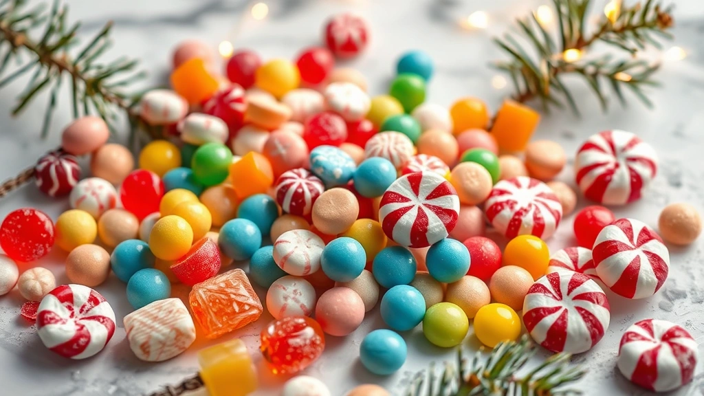 Close-up of colorful vintage hard candies and peppermint sticks arranged on white marble surface with festive pine branches, warm holiday lighting creating sparkle on candy surfaces