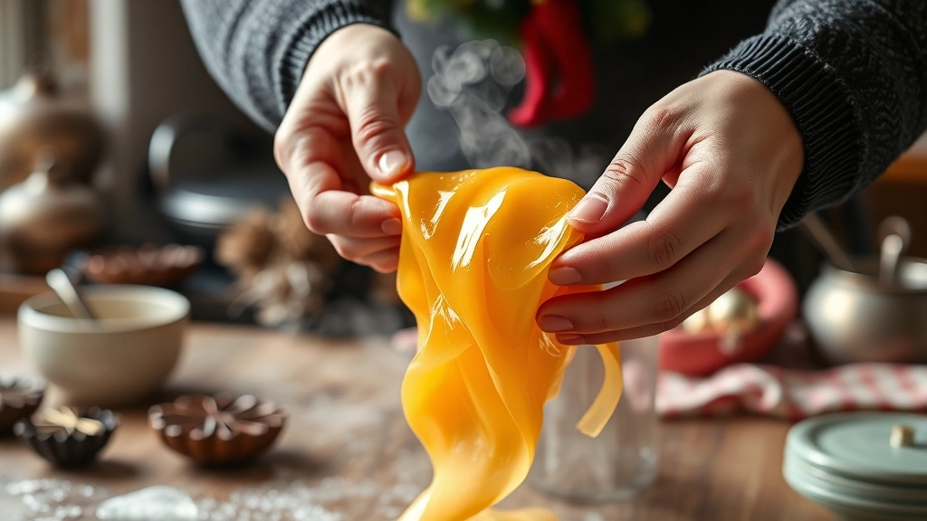 Hands pulling golden taffy candy, showing glossy texture transformation, steam rising, vintage kitchen setting with holiday decorations in soft focus background