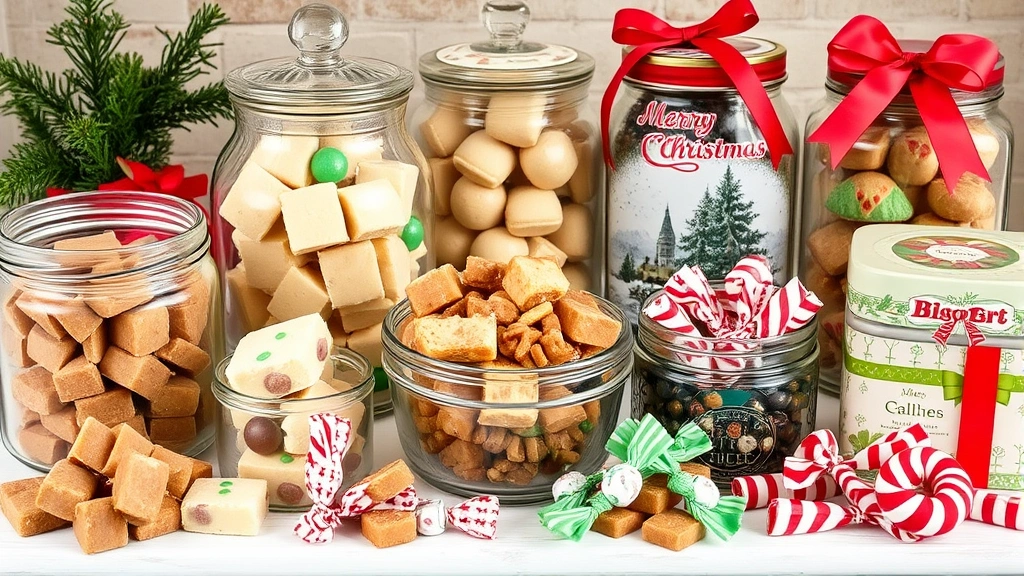 Assorted homemade Christmas candies displayed in vintage glass jars and decorative tins, including fudge squares, brittle pieces, and wrapped taffy, holiday themed styling