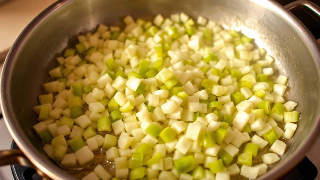 Sautéed diced onions and celery in melted butter in a large skillet, aromatic steam rising, warm kitchen ambiance