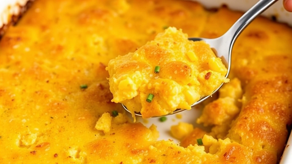 Golden-brown baked cornbread dressing in ceramic baking dish, crispy top layer, serving spoon lifting a portion, homestyle presentation