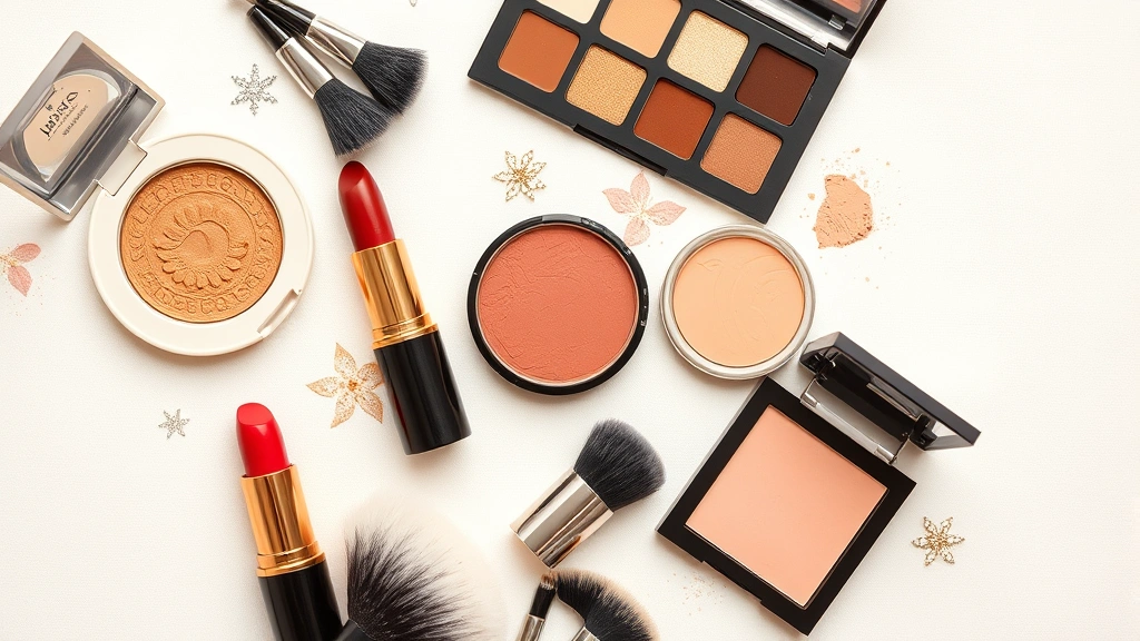 Overhead flat lay of vintage-inspired makeup products including cream eyeshadows in warm browns and golds, red lipstick, fluffy brushes, and a cream blush palette arranged artfully on a soft background
