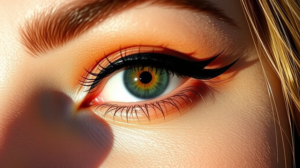 Detail shot of a woman's eye showing professional 1960s mod-inspired graphic eyeliner with sharp geometric lines, warm brown eyeshadow, and defined brows, natural daylight