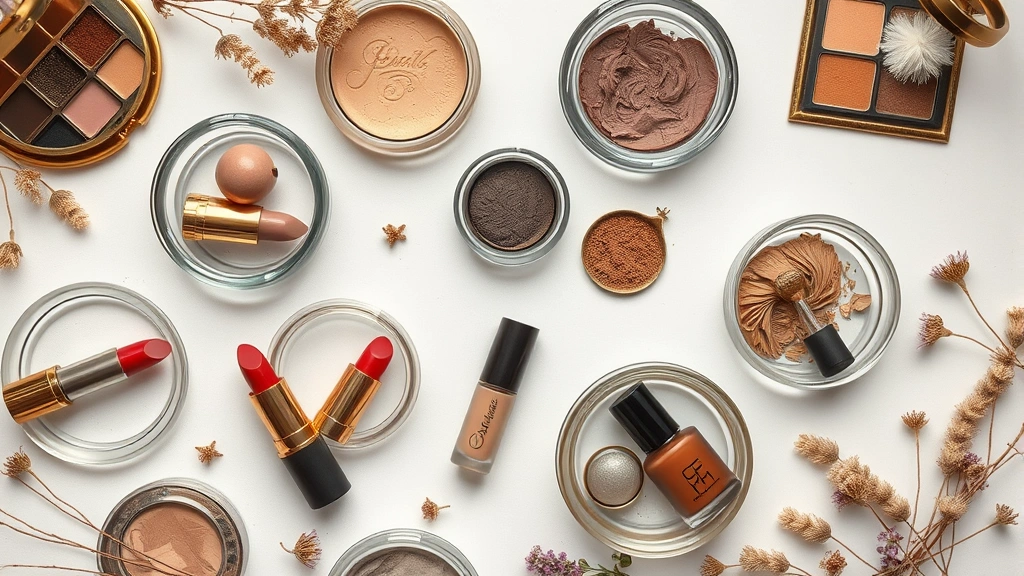 Overhead flat-lay shot of multiple old fashioned glass containers with various makeup items including lipsticks, eyeshadows, and foundations displayed with vintage brass accents and dried botanical elements