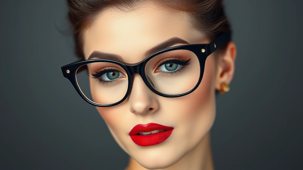 Woman wearing vintage cat-eye style black frames with perfectly applied 1950s makeup: sharp winged black eyeliner, soft taupe eyeshadow, groomed arched brows, rosy cheeks, and classic red lipstick. Professional studio lighting, neutral background, sharp focus on face.