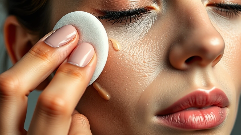 Close-up of a makeup artist applying mattifying foundation to a person with oily skin using a damp beauty sponge, professional lighting, showing the foundation blending seamlessly on the T-zone area, realistic skin texture with visible pores