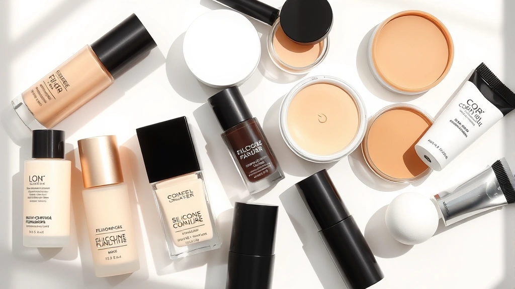 Flat lay arrangement of oil-control foundations, silicone primers, and setting powders on a clean white surface with natural morning light, showing various formula types like liquid, powder, and mousse foundations in neutral packaging