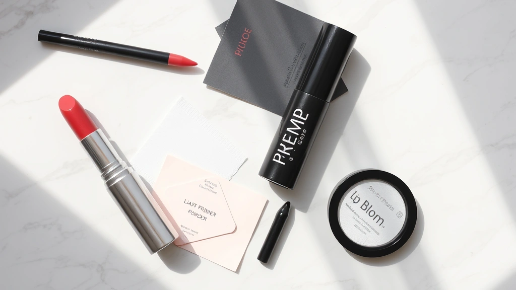 Overhead flat lay composition featuring waterproof lipstick, lip liner pencil, lip primer bottle, oil blotting papers, and translucent setting powder arranged artfully on a marble surface with natural window lighting