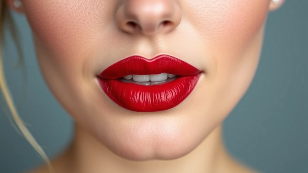 Close-up of woman with perfectly applied classic blue-based red lipstick, professional makeup, natural lighting, detailed lip texture