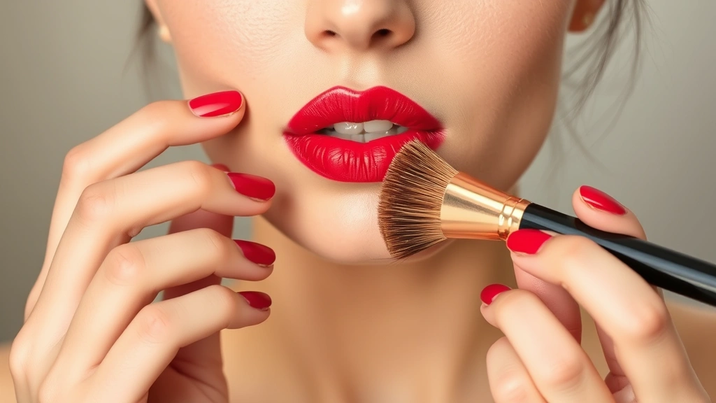 Woman applying red lipstick with brush, warm-toned red shade, hands visible with makeup brush, neutral background, daylight