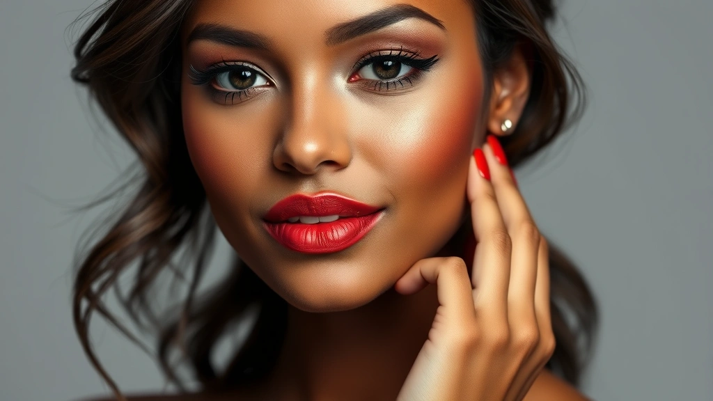 Beauty portrait of deep skin tone woman wearing orange-based red lipstick, winged eyeliner, neutral eyeshadow, confident expression, studio lighting