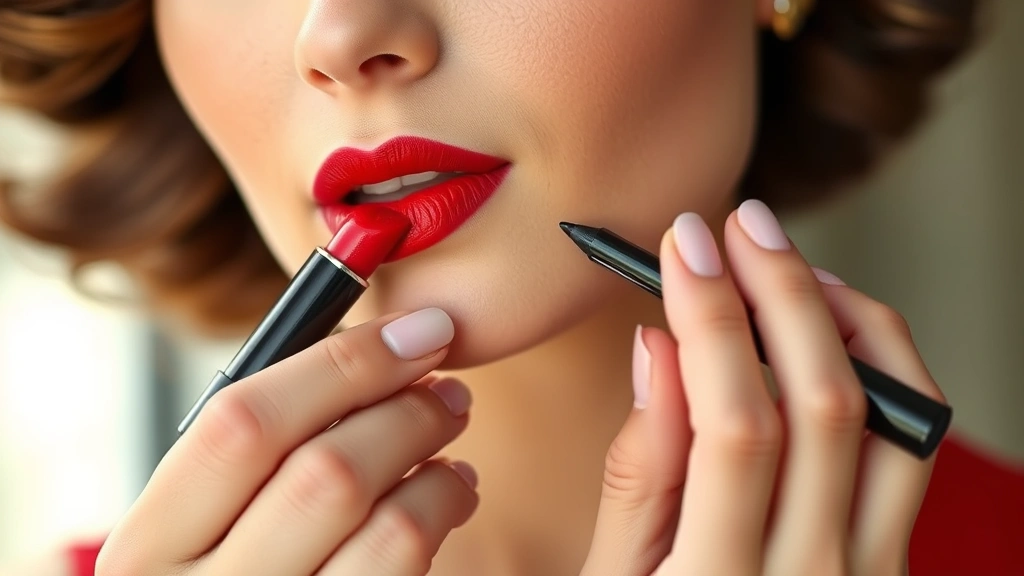 Woman applying precise red vintage lipstick with lip liner, showing classic 1950s technique, natural daylight, focus on lips and hands, professional makeup artist demonstration