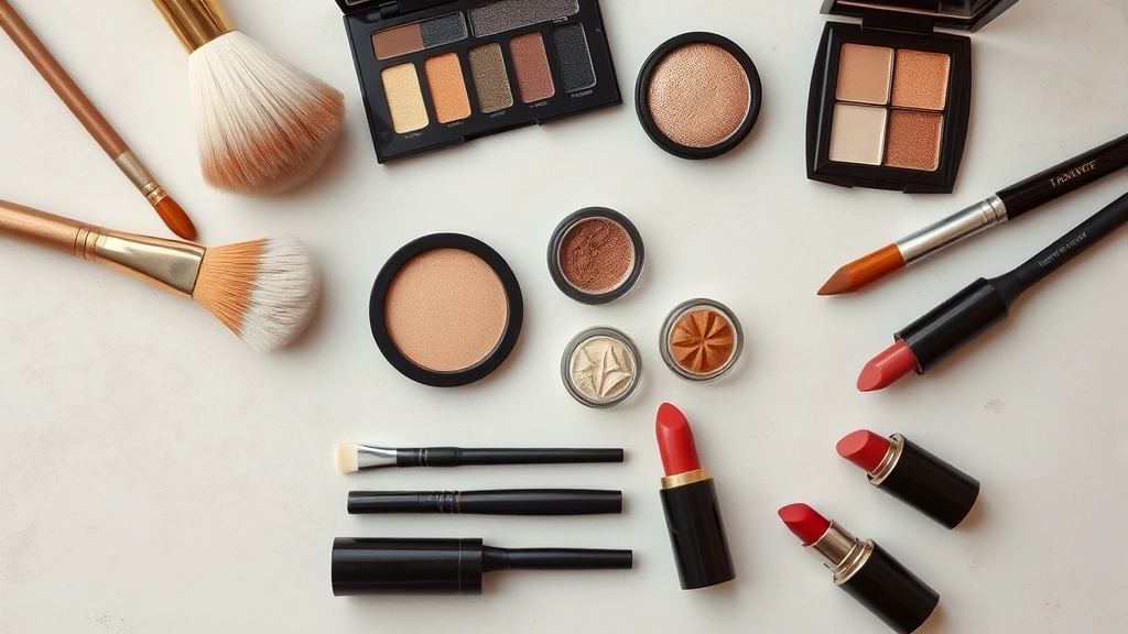 Overhead view of vintage makeup tools arranged neatly including natural hair brushes, sable brushes, cream eyeshadows, and classic lipsticks, on neutral surface with soft diffused lighting