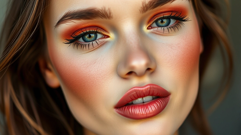 Completed Salisbury steak makeup look on a model's face showing warm golden-brown eyeshadow, terracotta blush, and warm nude-brown lipstick with natural skin texture visible