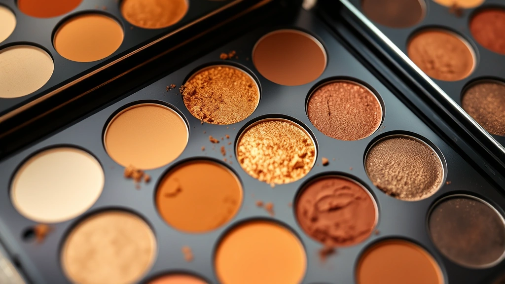 Detailed shot of an open eyeshadow palette displaying warm color gradients from cream to deep brown, including golden highlights and rust tones, arranged to show the complete color story