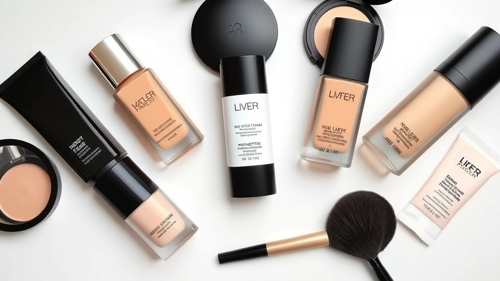 Flat lay of five different foundation bottles and compacts arranged artfully with blotting papers, a makeup brush, and a mattifying primer, all on a clean white surface