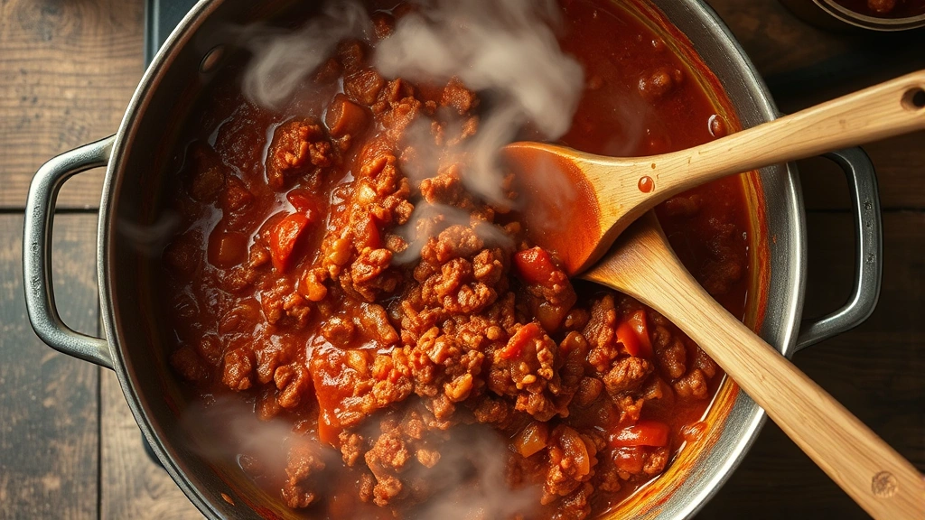 Overhead view of steaming sloppy joe mixture in large pot with wooden spoon, vibrant tomato-red sauce coating ground beef, aromatic steam visible, rustic kitchen setting