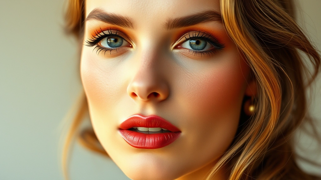 Woman with 1970s vintage makeup featuring warm bronze eyeshadow, terracotta blush, and warm-toned lips, soft natural lighting showing blended cream products and glowing skin