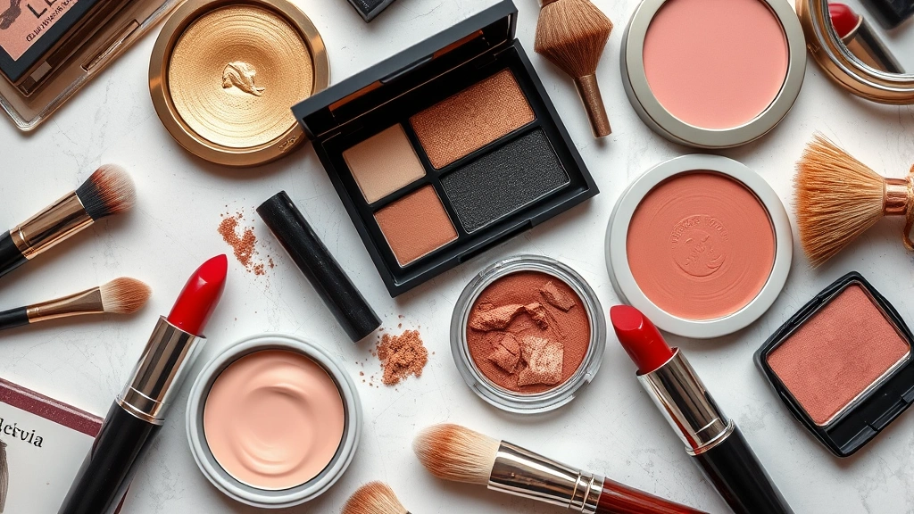 Overhead flat lay of vintage makeup collection including cream eyeshadows in gold and bronze, red lipstick, natural hair brushes, and cream blush products arranged artfully