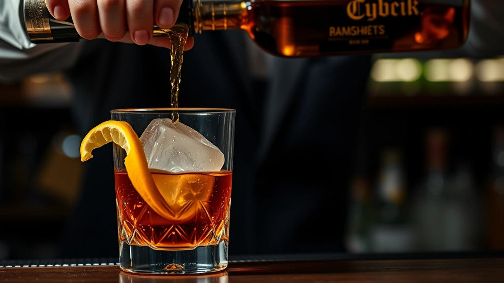 Professional bartender pouring amber whiskey into a rocks glass with a large ice cube, citrus peel visible, moody bar lighting, close-up detail shot