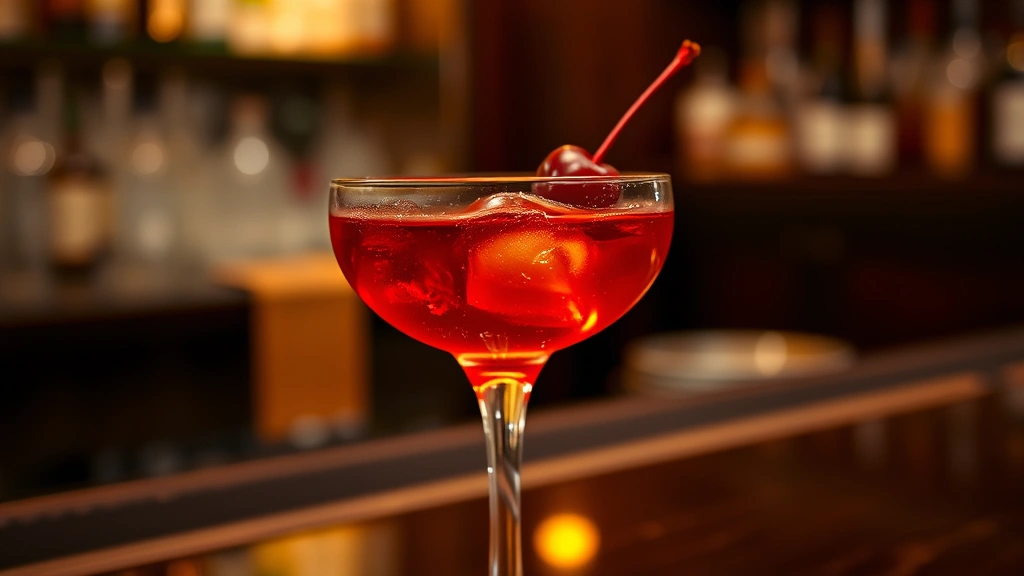 Elegant Manhattan cocktail in a chilled coupe glass with cherry garnish, soft warm lighting, dark wood bar background, sophisticated presentation