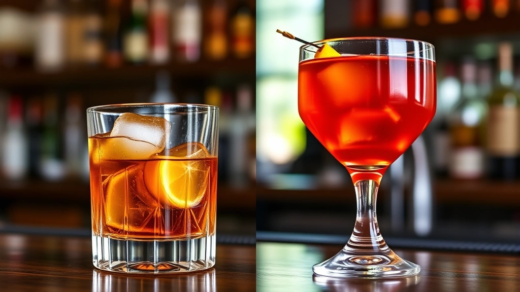 Side-by-side comparison of Old Fashioned and Manhattan cocktails in proper glassware, professional bar setting, natural soft lighting highlighting color differences