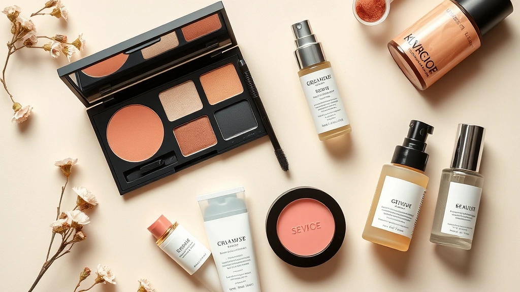 Beauty flat lay featuring luxury makeup products including cream blush, neutral eyeshadow palette, quality mascara, and hydrating lip balm arranged on a neutral background. Soft, warm lighting emphasizing product quality and minimalist aesthetic with skincare items like serums and moisturizers.